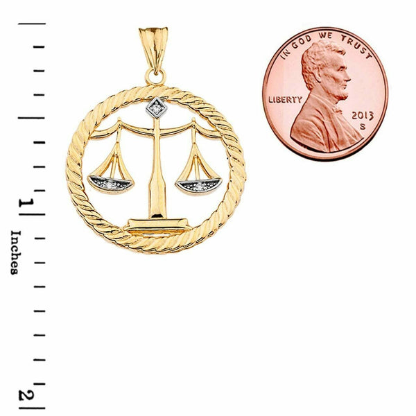 Solid 14k Yellow Gold Diamond Scales of Justice Rope Pendant Necklace