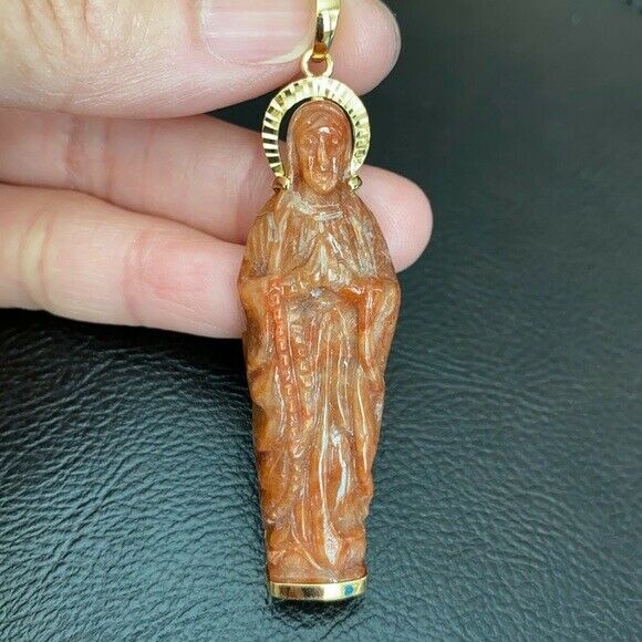 14K Solid Gold The Blessed Virgin Mary Prayer Carved Natural Red Jade Pendant