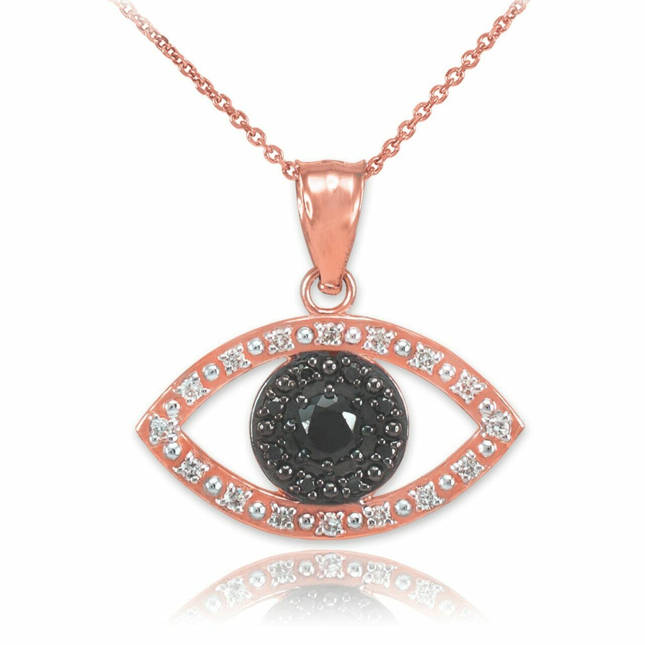 10k Real Rose Gold Evil Eye with 16 Clear and 8 Black Diamond Pendant Necklace