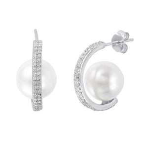 NWT Sterling Silver 925 Rhodium Plated C-Curved Pearl CZ Stud Earrings