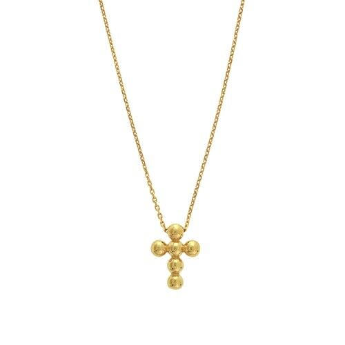 14K Solid Yellow Gold Mini Small Bead Cross Necklace - Adjustable  16"-18