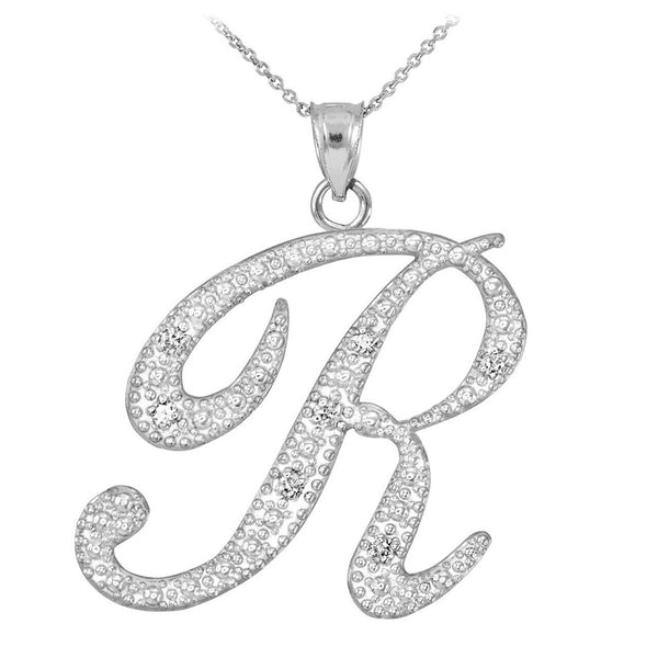 Personalized 925 Sterling Silver CZ Initial Script Letter R Pendant Necklace