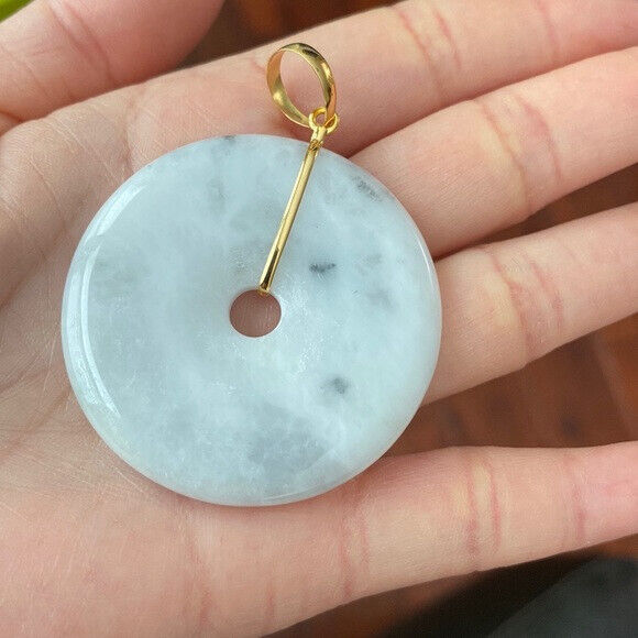 14K Solid Yellow Gold Round Large Donut Natural Jade Pendant Charm White
