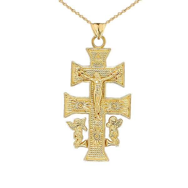 10K Solid Gold Caravaca Double Cross With Angels Crucifix Pendant Necklace