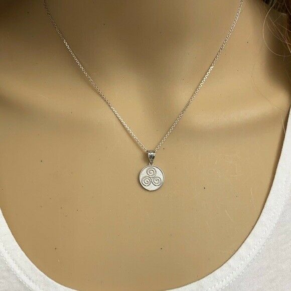 Sterling Silver Celtic Triple Spiral Triskele Irish Knot Disc Pendant Necklace