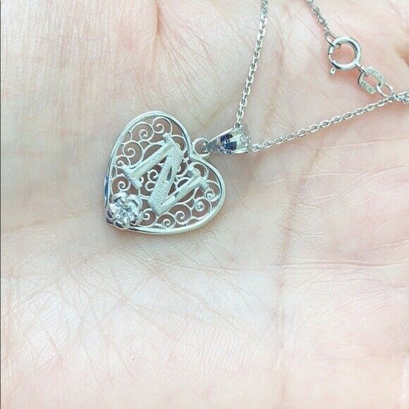 925 Sterling Silver Filigree Heart CZ Initial Letter N Pendant Necklace