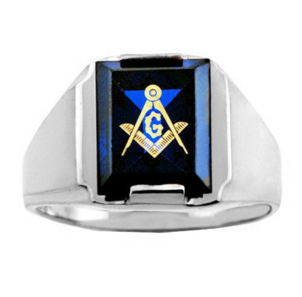 Sterling Silver Freemason Blue Stone Square & Compass Masonic Mens Ring Letter G