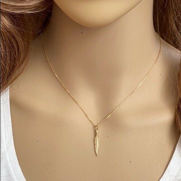 14k Rose Gold Solid Dainty Feather Pendant Necklace