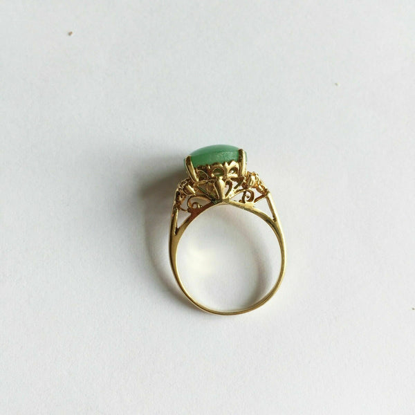 14K Solid Yellow Gold Oval Green Jade Women Ring Size 5.75