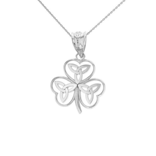 10k Solid White Gold Celtic Trinity Knot Shamrock Pendant Necklace