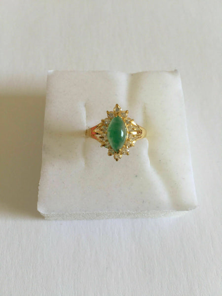 22K Solid Yellow Gold Marquise Green Jade Women CZ Ring Size 5.25