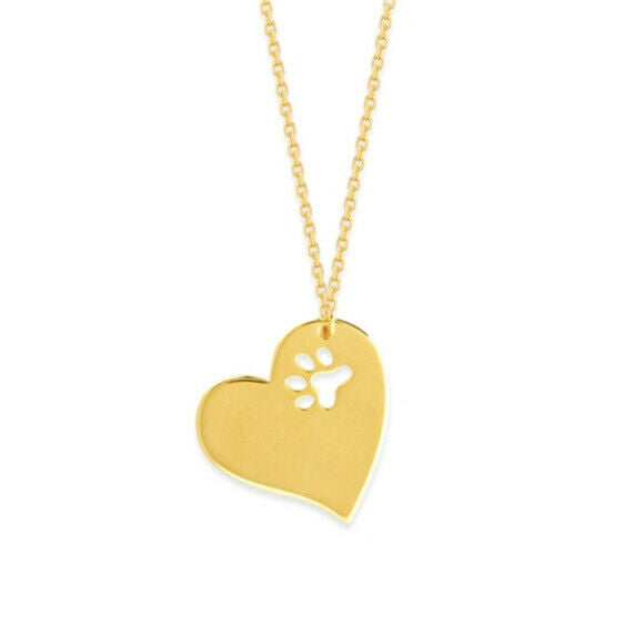 14K Solid Yellow Gold Slanted Heart Cut Out Paw Necklace Adjustable 16"-18"