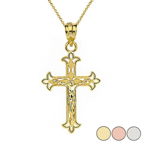 14k Solid Gold Fleur De Lis Filigree Crucifix Pendant Necklace