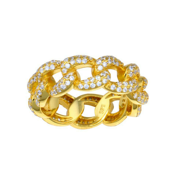 925 Sterling Silver Gold Plated Curb Design Link Ring 7.3 Eternity Band Cuban CZ