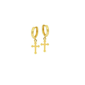 14K Solid Yellow Gold Baby Hoop Dangle Cross Earrings - Kid/ Children Size