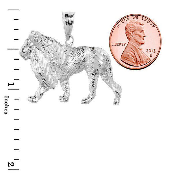 .925 Sterling Silver Diamond Cut Lion Pendant Necklace