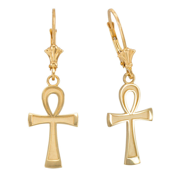 10k Yellow Gold Ancient Egyptian Ankh Cross Drop / Dangle Leverback Earrings