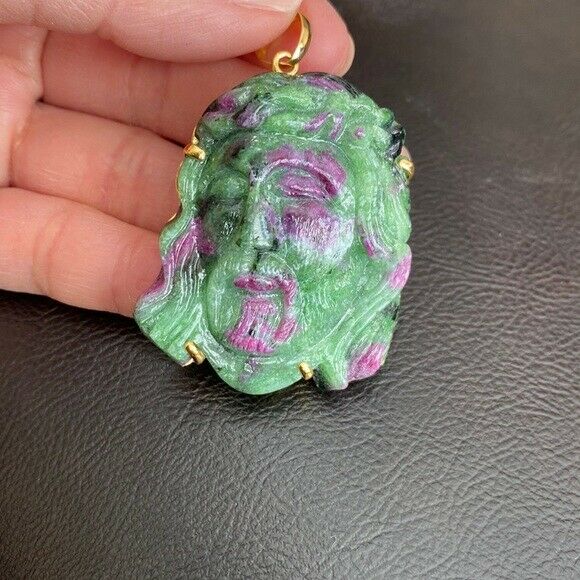 14K Real Solid Gold Natural Ruby Carved Jesus Christ Head Pendant Charm Large