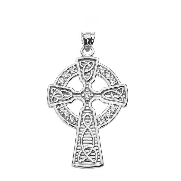 925 Sterling Silver Cubic Zirconia Trinity Knot Celtic Cross Pendant Necklace