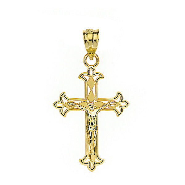 14k Solid Gold Fleur De Lis Filigree Crucifix Pendant Necklace