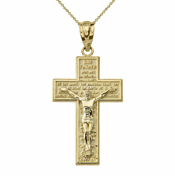 14k Yellow Gold The Lords Our Father Prayer Crucifix Cross Pendant Necklace