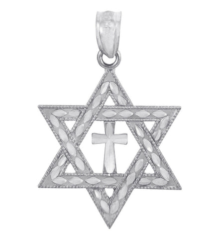 Solid 14k White Gold Jewish Star of David Cross Pendant Charm Necklace Judaica