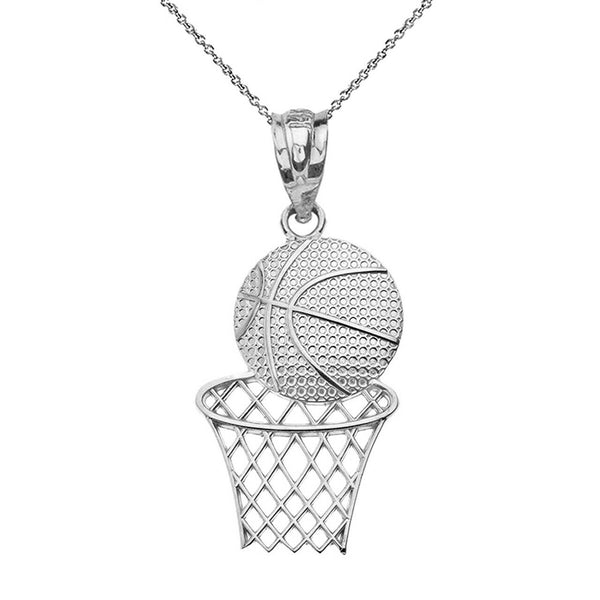 14k Solid Yellow Gold Textured Basketball Hoop Pendant Necklace