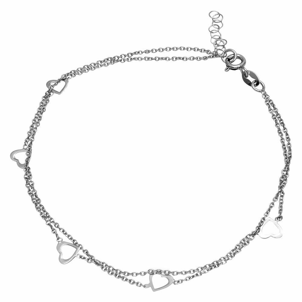 NWT Sterling Silver 925 Rhodium Plated Double Strand 5 Open Heart Anklet 07