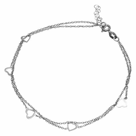 NWT Sterling Silver 925 Rhodium Plated Double Strand 5 Open Heart Anklet 07