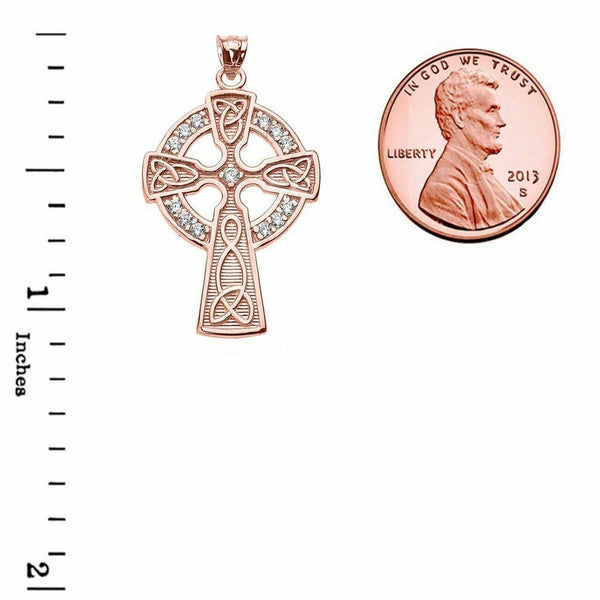 Solid 14k Rose Gold Diamond Trinity Knot Celtic Cross Pendant Necklace