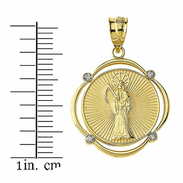 Solid 14k Yellow Gold Gold Santa Muerte Diamond Halo Frame Pendant Necklace
