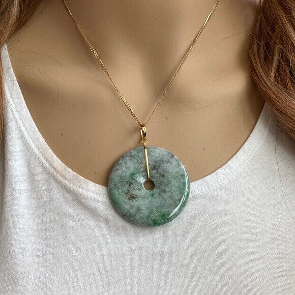 14K Solid Yellow Gold Round Large Donut Natural Jade Pendant Charm Green