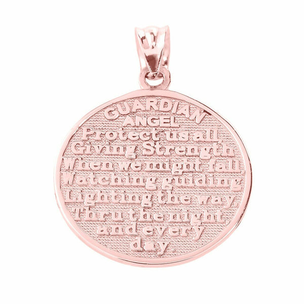 14k Solid Two Sided Rose Gold Guardian Angel Charm Pendant Necklace