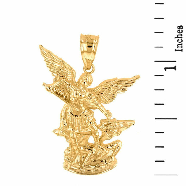 10K Solid Yellow Gold Saint St. Michael The Archangel Pendant Necklace 1.35"