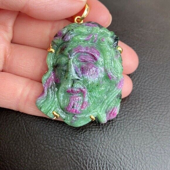 14K Real Solid Gold Natural Ruby Carved Jesus Christ Head Pendant Charm Large