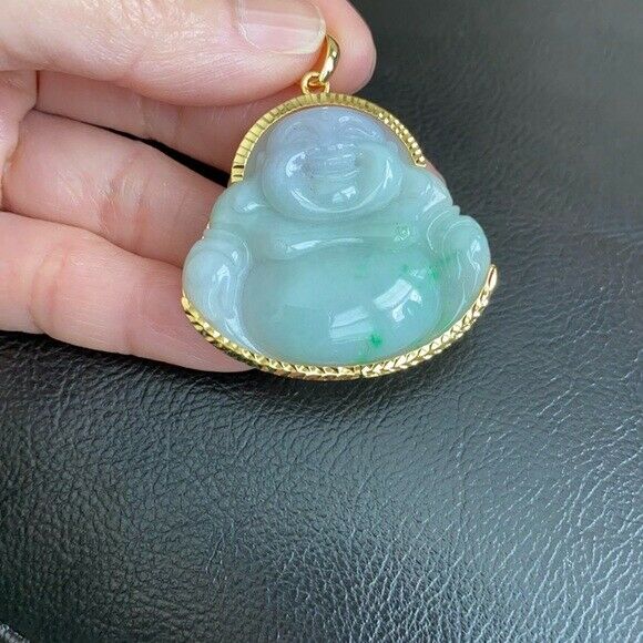 14K Real Gold Natural Jadeite Jade Happy Laughing Buddha Pendant Male Charm