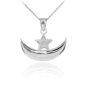 CZ Crescent Moon and Star Islamic Pendant Necklace Sterling Silver 16"-22"