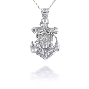 925 Sterling Silver Jesus Face Anchor Pendant Necklace