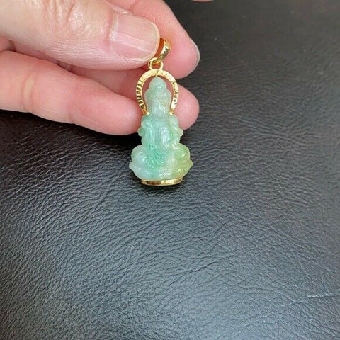 14k Solid Gold Natural Jadeite Jade Kwan Quan Yin Green Female Buddha Pendant