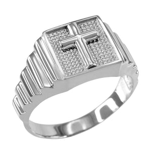 Sterling Silver Christian Cross Wavy Band Men Ring - Any / All Size