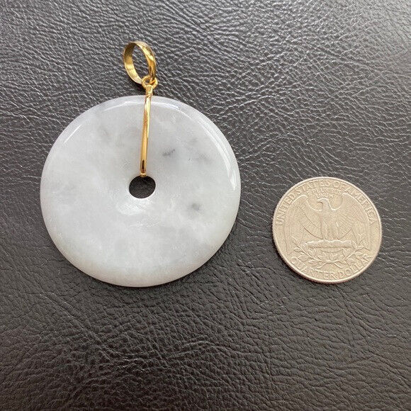 14K Solid Yellow Gold Round Large Donut Natural Jade Pendant Charm White