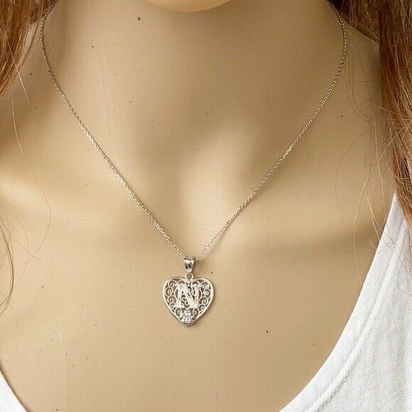 925 Sterling Silver Filigree Heart CZ Initial Letter N Pendant Necklace
