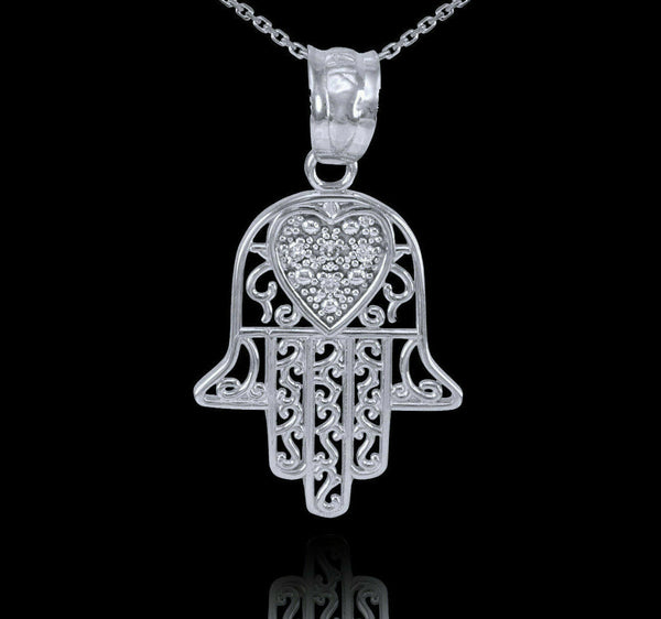 14k Solid White  Gold Diamond Filigree Hamsa Pendant Necklace 16" 18" 20" 22"