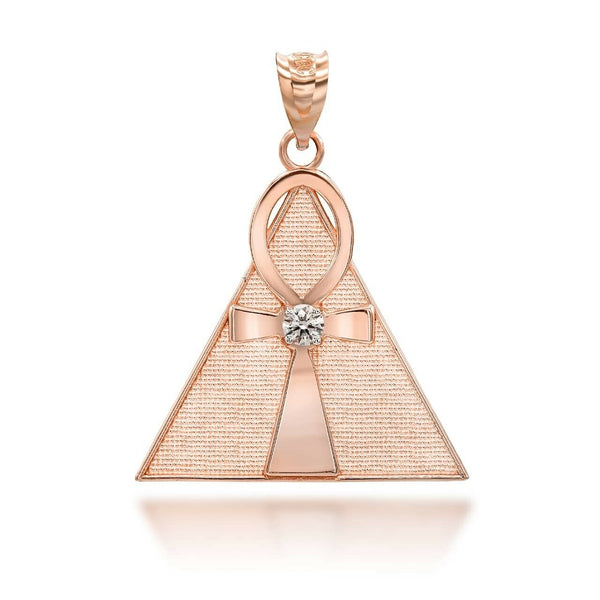 14K Solid Gold Egyptian Ankh Cross On A Pyramid Pendant Necklace