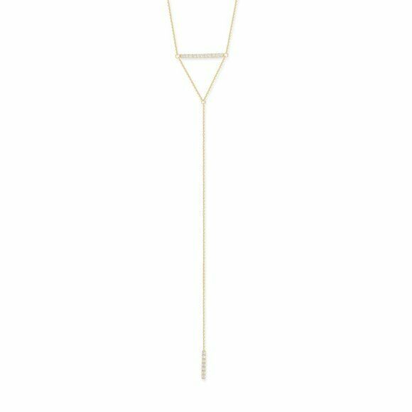 14K Solid Yellow Gold CZ Hawley St. Bar Lariat Necklace 16"-18" Adjustable