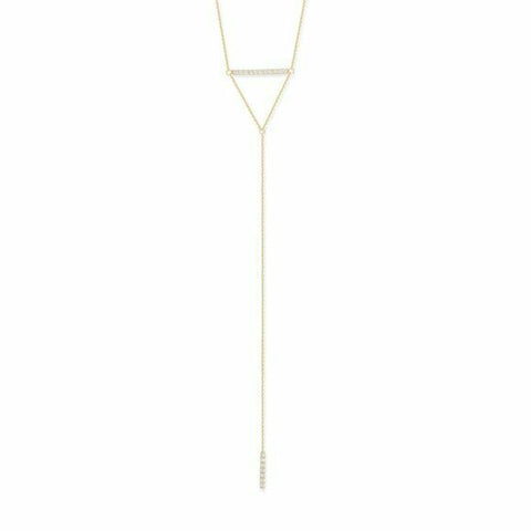 14K Solid Yellow Gold CZ Hawley St. Bar Lariat Necklace 16"-18" Adjustable