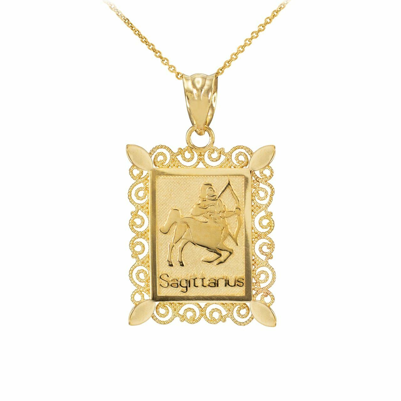 14k Solid Gold Sagittarius Zodiac Sign Filigree Rectangular Pendant Necklace