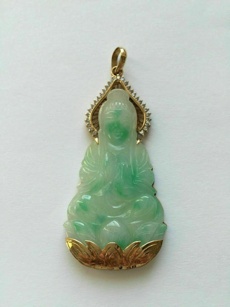 14K Solid Gold Guanyin Kwan Yin Female Buddha Jade Pendant Large