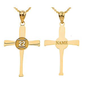 Personalized Name Number 10k 14k Gold Baseball Bats Cross Pendant Necklace