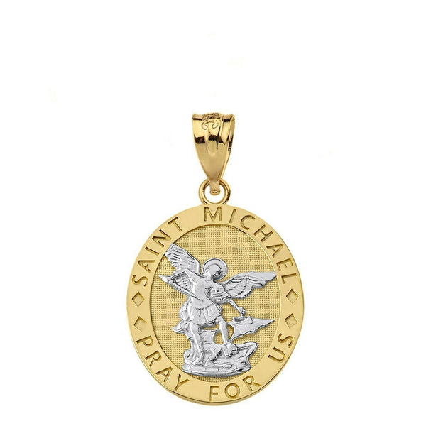 14k Two Tone Yellow Gold Engravable St Michael Pray For Us Oval Pendant Necklace